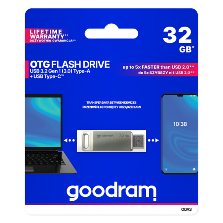 GOODRAM USB 3.2 GEN 1 TYPE A / USB TYPE-C 32GB ODA3 SILVER