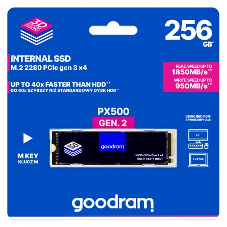 SSD GOODRAM PX500 GEN.2 256GB NVME PCIe 3x4 M.2 2280 (READ:1850MB/s / WRITE:950MB/s)