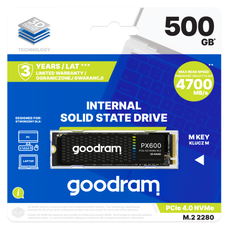 GOODRAM PX600 G.4 500GB NVME PCIe 4x4 M.2 2280 (READ:4700MB/s/WRITE:1700MB/s)