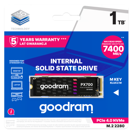 GOODRAM PX700 G.2 1TB NVME PCIe 4x4 M.2 2280 (R:7400MB/s/W:6500MB/s)