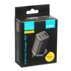 I-BOX C65 GAN WALL CHARGER 65W BLACK USB-C1/2 PD3.0 &USB-A QC4.0 WITH USB-C CABLE