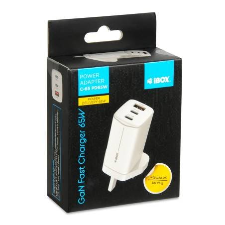 I-BOX C65 GAN WALL CHARGER 65W WHITE USB-C1/2 PD3.0 &USB-A QC4.0 WITH USB-C CABLE